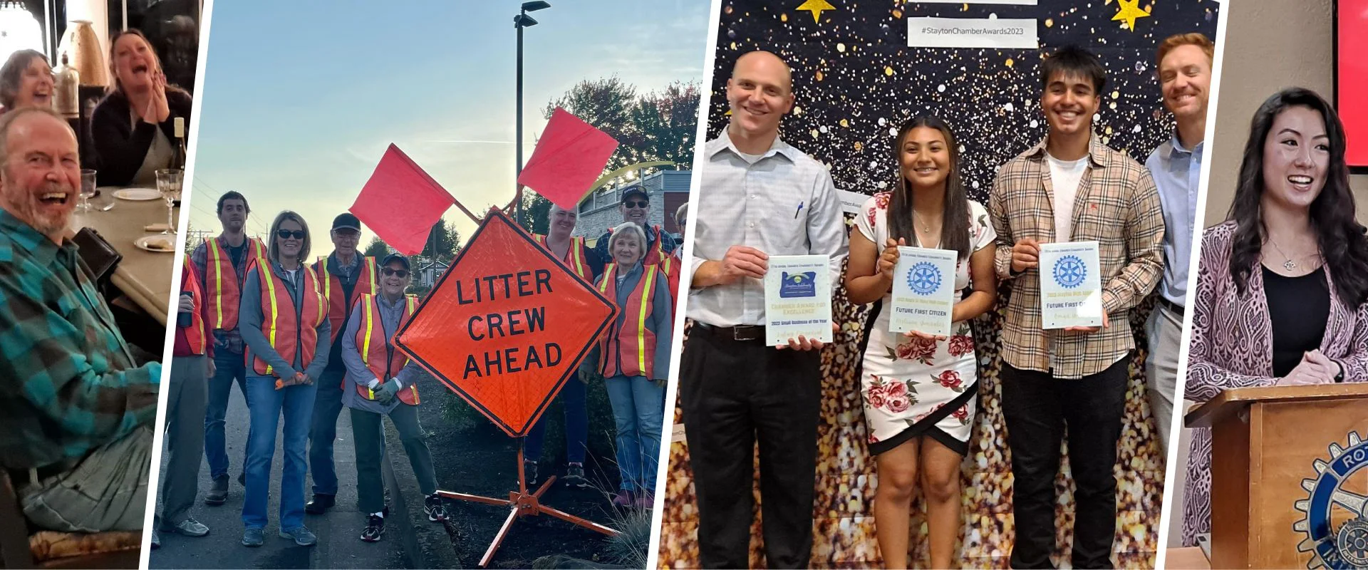 Collage of Stayton Area Rotary members at fellowship, Adopt-a-Street cleanup, Future First Citizens awards, and a club speaker